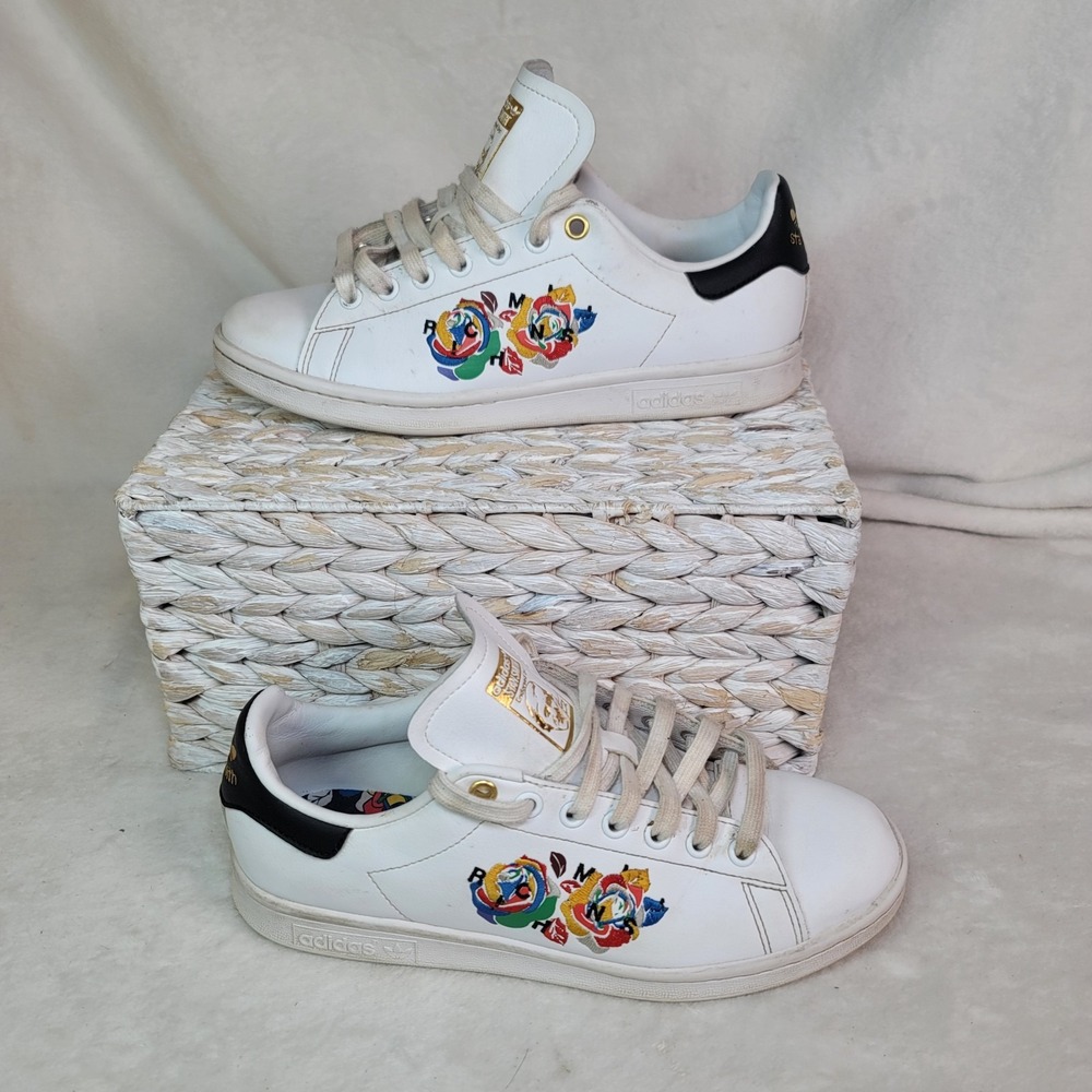 ADIDAS STAN SMITH Sneakers Floral Embroidered‎ Fashioon Athleisure White Size 8